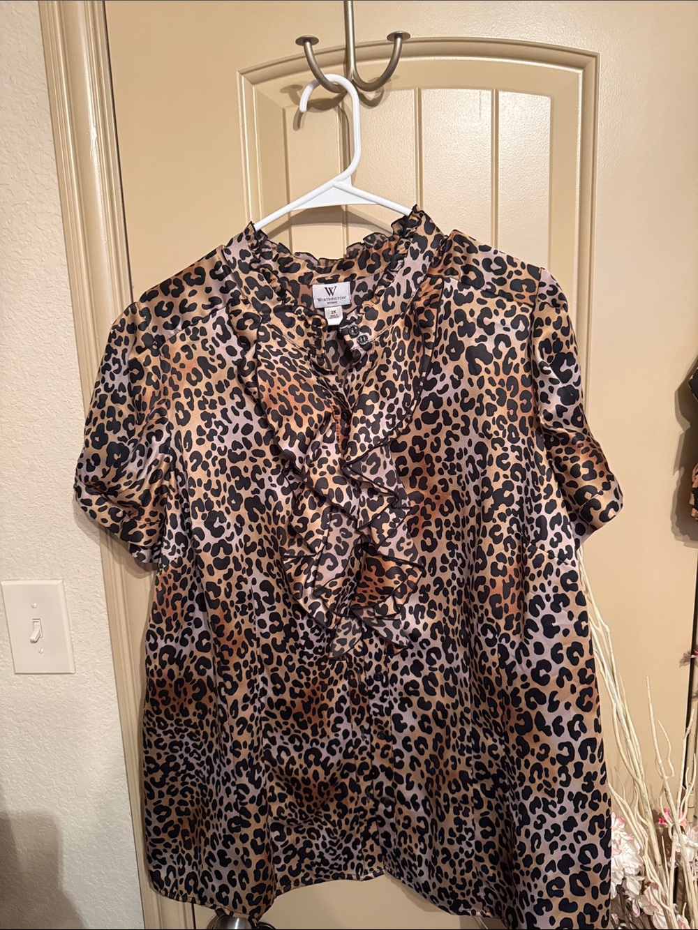 Worthington Leopard Print Ruffle Neck Blouse - Tan, Black